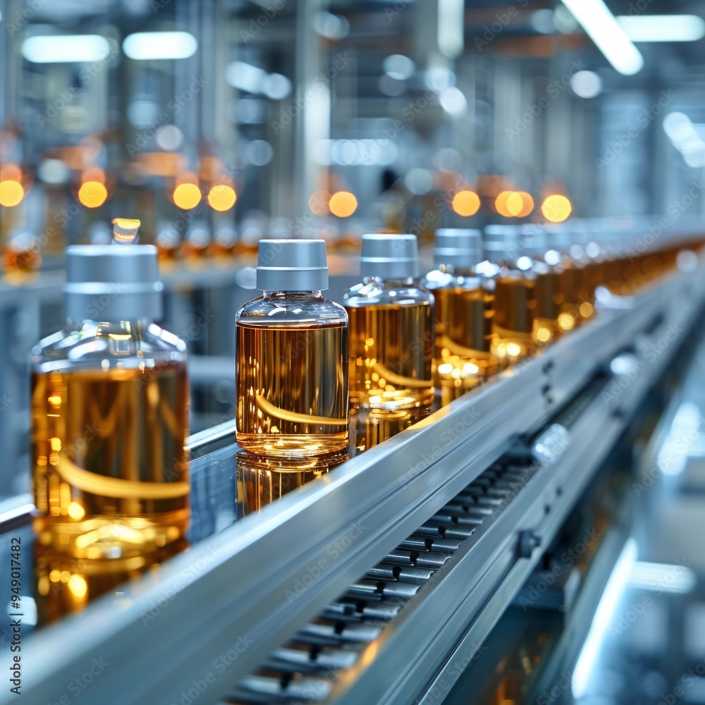 Cosmetic bottles on assembly line Cosmetic bottles on assembly line