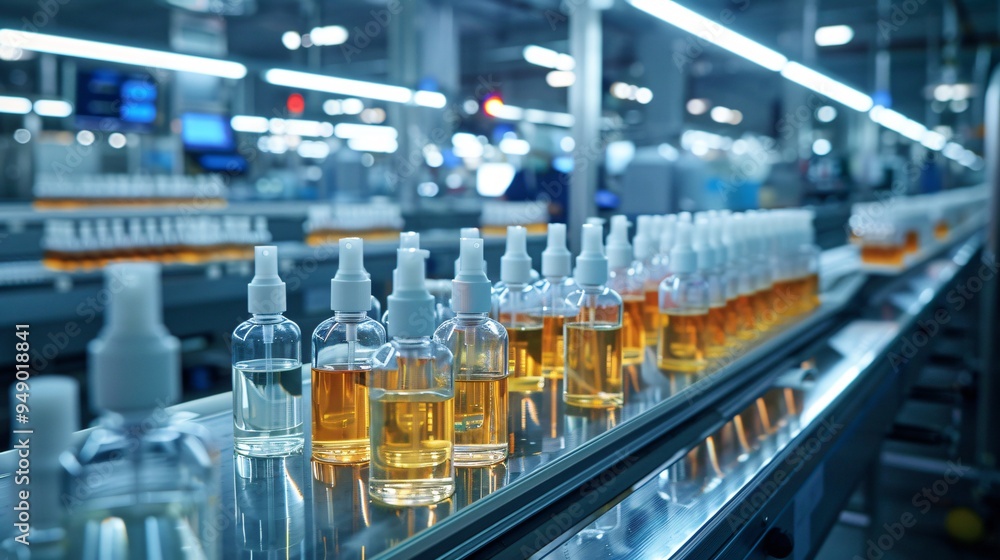 Cosmetic bottles on assembly line Cosmetic bottles on assembly line