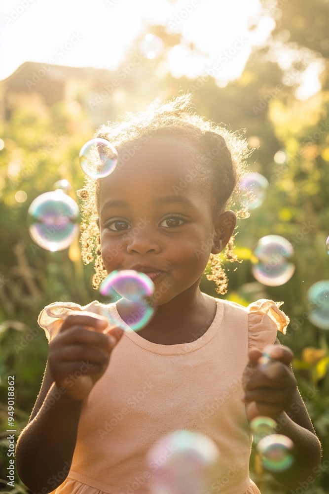 Joyful Child Playing with Bubbles in Sunlit Garden Joyful Child Playing with Bubbles in Sunlit Garden