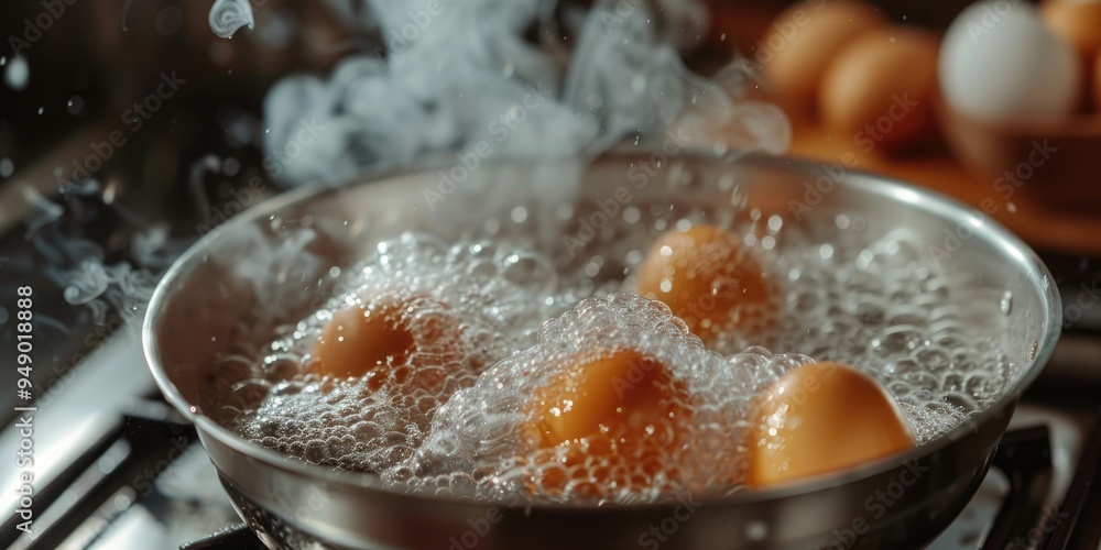 Cooking chicken eggs in boiling water with broken shell Cooking chicken eggs in boiling water with broken shell