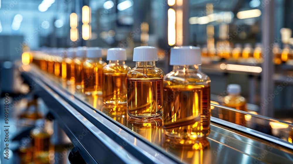 Cosmetic bottles on conveyor belt Cosmetic bottles on conveyor belt