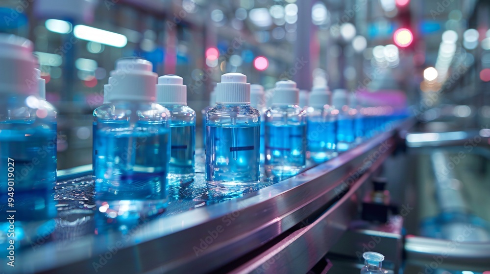 Cosmetic bottles on conveyor belt Cosmetic bottles on conveyor belt