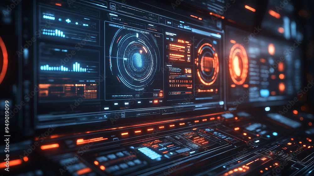 futuristic control panel with glowing blue and orange lights and digital displays futuristic control panel with glowing blue and orange lights and digital displays