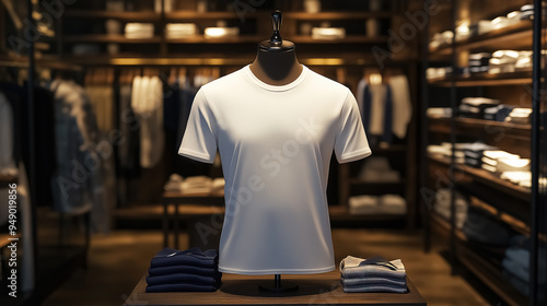 A mockup of a plain white t-shirt on a mannequin in a clothing store