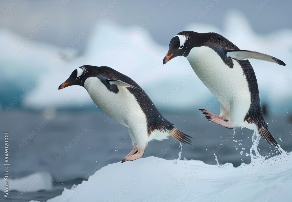 Naklejka premium Two Penguins Jumping into the Water