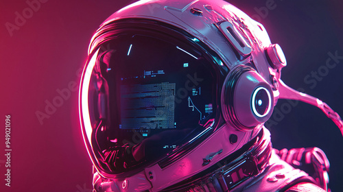 Close-up of a futuristic space helmet with integrated digital displays and neon accents, highlighting advanced space exploration gear 