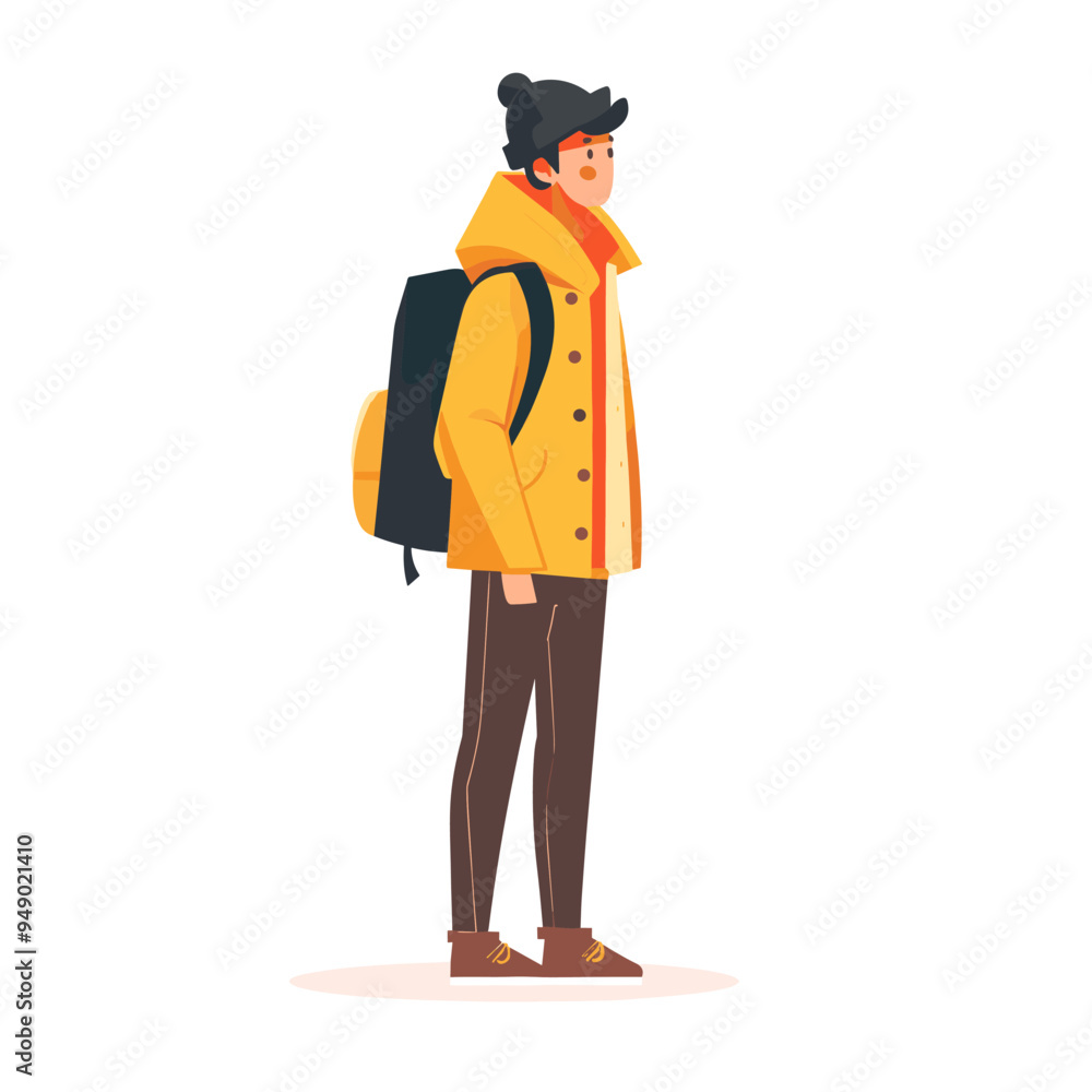 A man wearing a yellow jacket and a black backpack stands on a white background. He looks like he is waiting for someone or something A man wearing a yellow jacket and a black backpack stands on a white background. He looks like he is waiting for someone or something