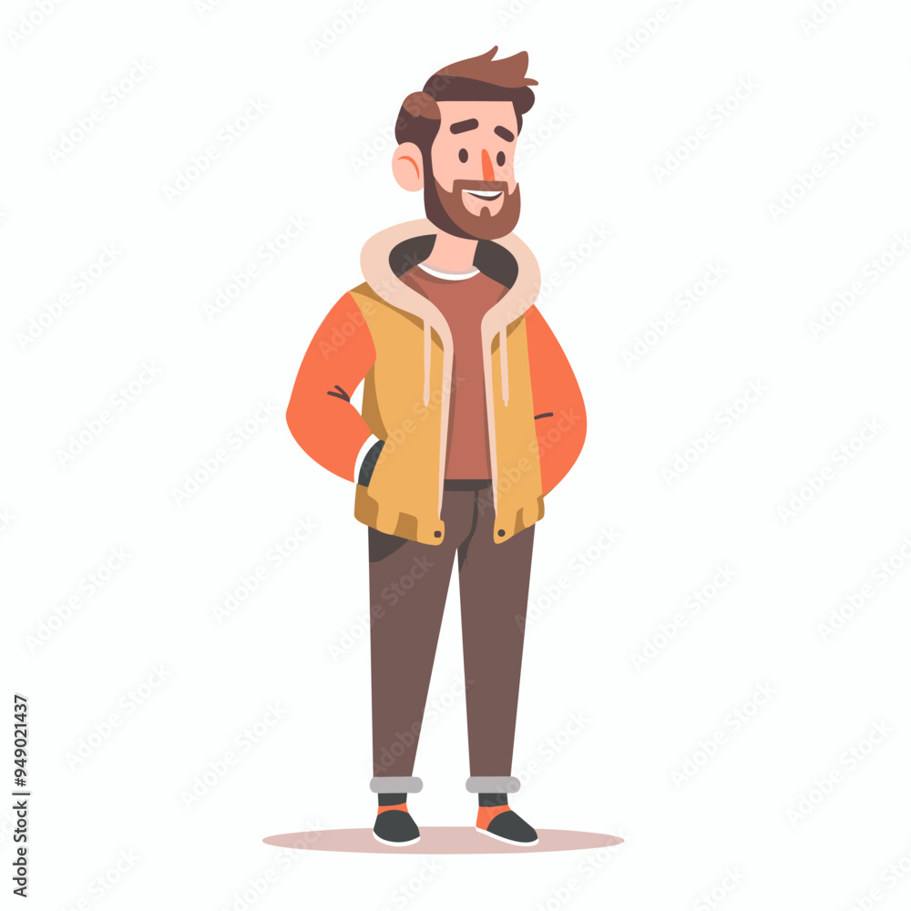 A man with a beard and a yellow jacket is smiling. He is wearing brown pants and a brown shirt A man with a beard and a yellow jacket is smiling. He is wearing brown pants and a brown shirt