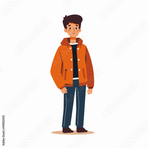 A young man in an orange jacket stands in front of a white background. He is smiling and he is happy