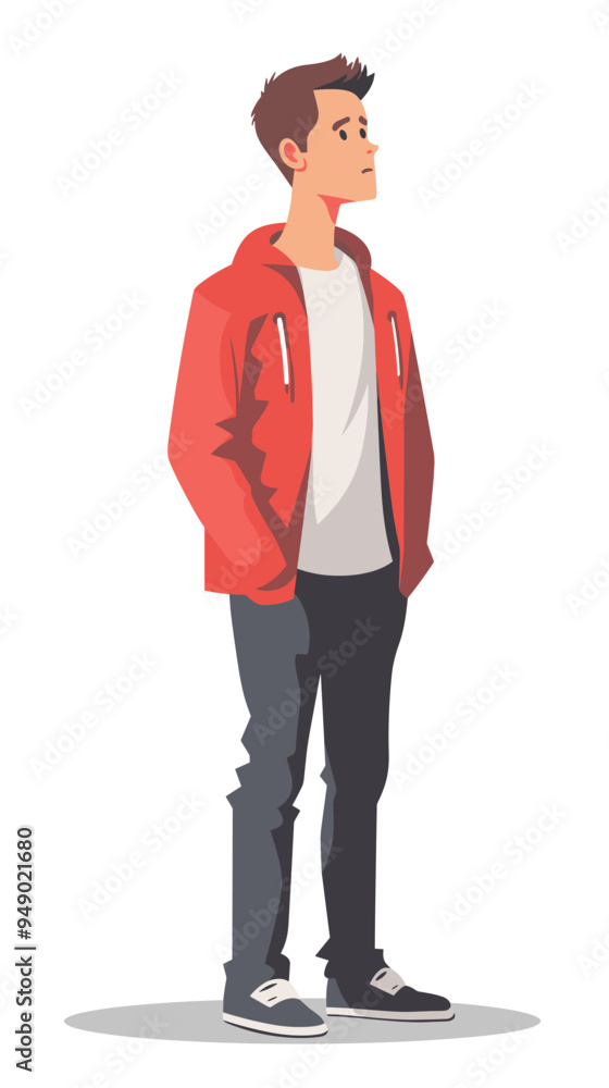 A man in a red jacket stands with his hands in his pockets. He looks bored and uninterested A man in a red jacket stands with his hands in his pockets. He looks bored and uninterested