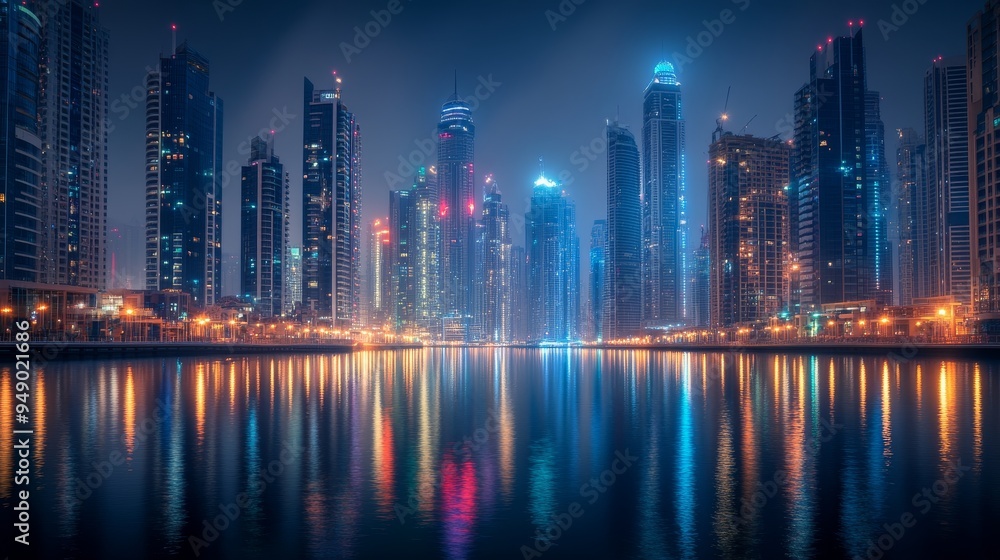 The glittering skyscrapers and vibrant lights of Dubai's Business Bay district create a breathtaking cityscape. The glittering skyscrapers and vibrant lights of Dubai's Business Bay district create a breathtaking cityscape.