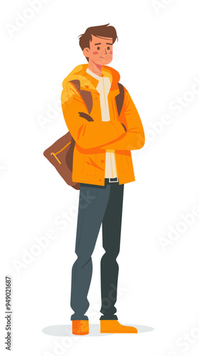 A man in a yellow jacket is standing with his arms crossed and a backpack on his back. He is in a serious or contemplative mood