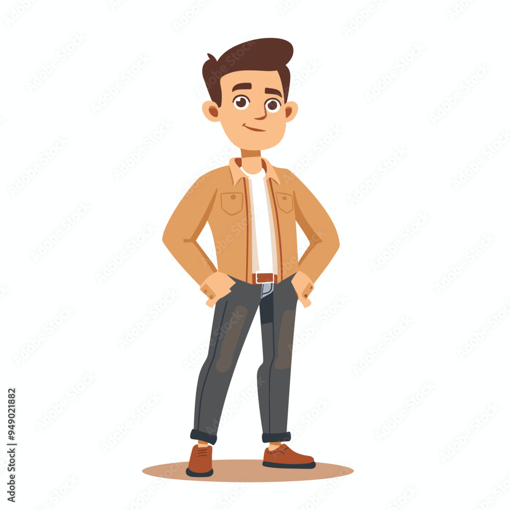 A man is standing in front of a white background. He is wearing a tan jacket and gray pants A man is standing in front of a white background. He is wearing a tan jacket and gray pants