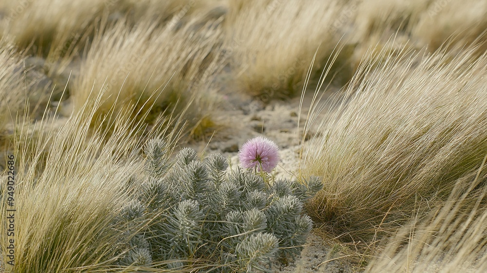 A delicate pink bloom nestled amidst towering blades of lush green-brown grass A delicate pink bloom nestled amidst towering blades of lush green-brown grass