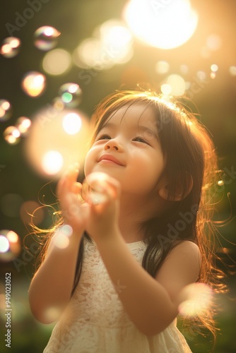 Joyful Child Playing with Bubbles in Sunlight - Magical Childhood Moments