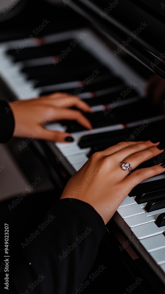 Obraz premium A woman's hand with a diamond ring on a piano keyboard