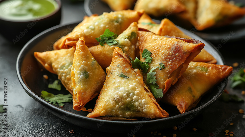 plate of fried triangular pastries, likely samosas, with a green sauce plate of fried triangular pastries, likely samosas, with a green sauce