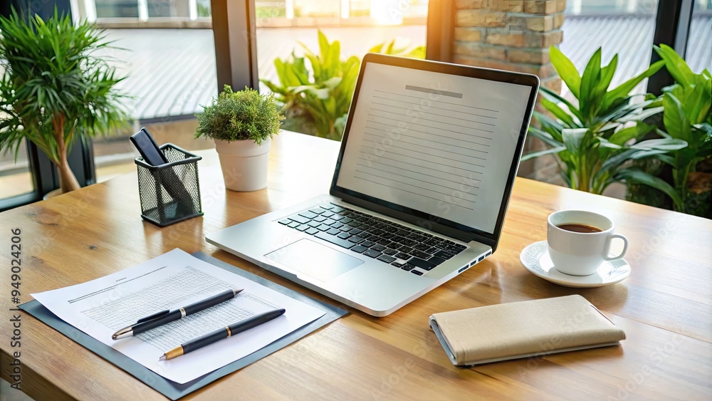 A modern laptop on a desk with an open insurance policy document and a pen, surrounded by office supplies, symbolizing online insurance management and planning. A modern laptop on a desk with an open insurance policy document and a pen, surrounded by office supplies, symbolizing online insurance management and planning.