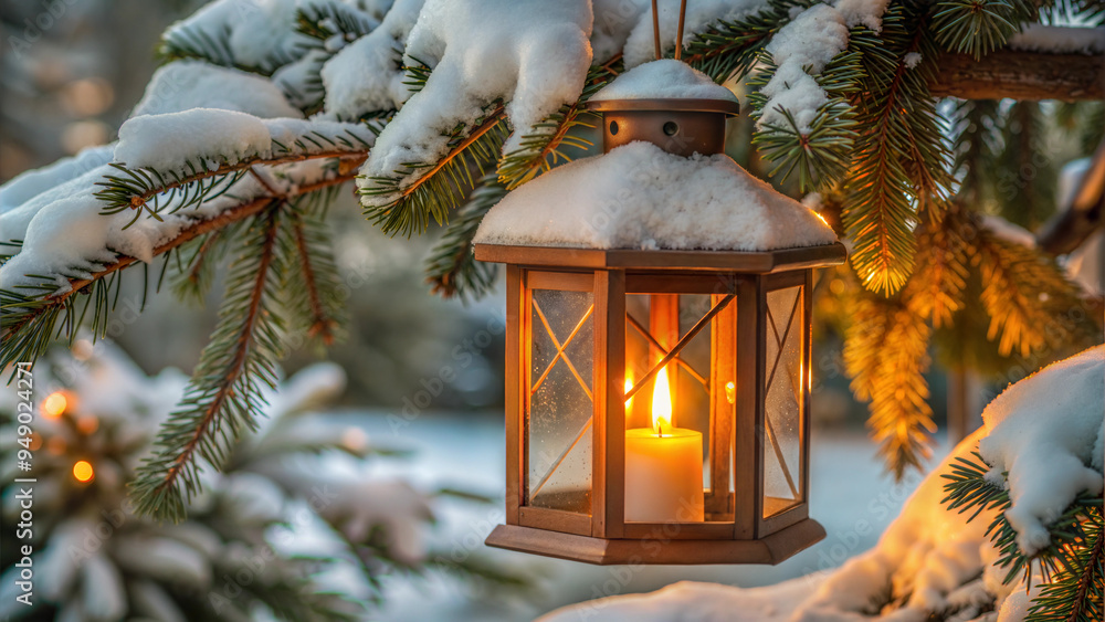 Christmas Lantern with Snow and Pine Branches in Winter Scene Christmas Lantern with Snow and Pine Branches in Winter Scene