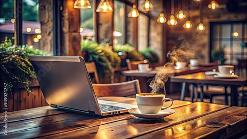 A modern laptop sits atop a rustic wooden table amidst steaming coffee cups and scattered papers, surrounded by warm lighting and cozy cafe atmosphere.