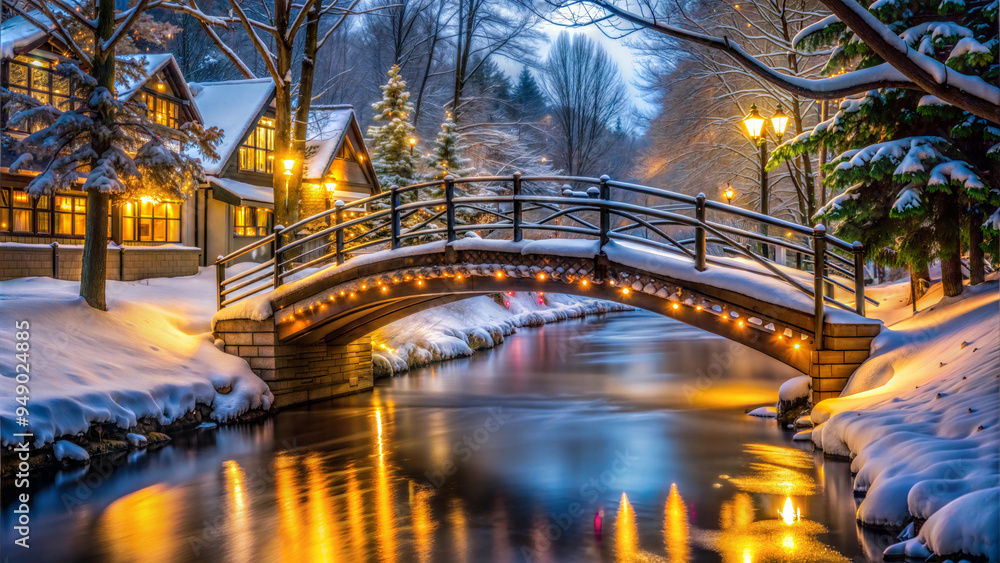 Obraz premium Snowy Bridge with Christmas Lights in Winter Park