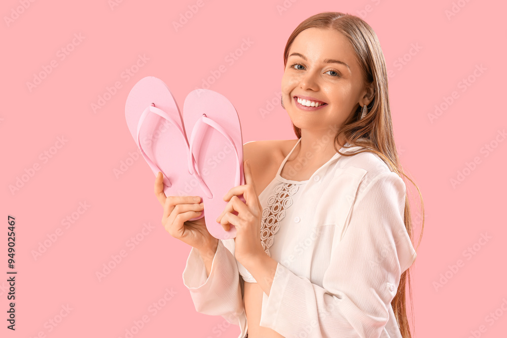 Beautiful young woman with flip-flops on pink background Beautiful young woman with flip-flops on pink background