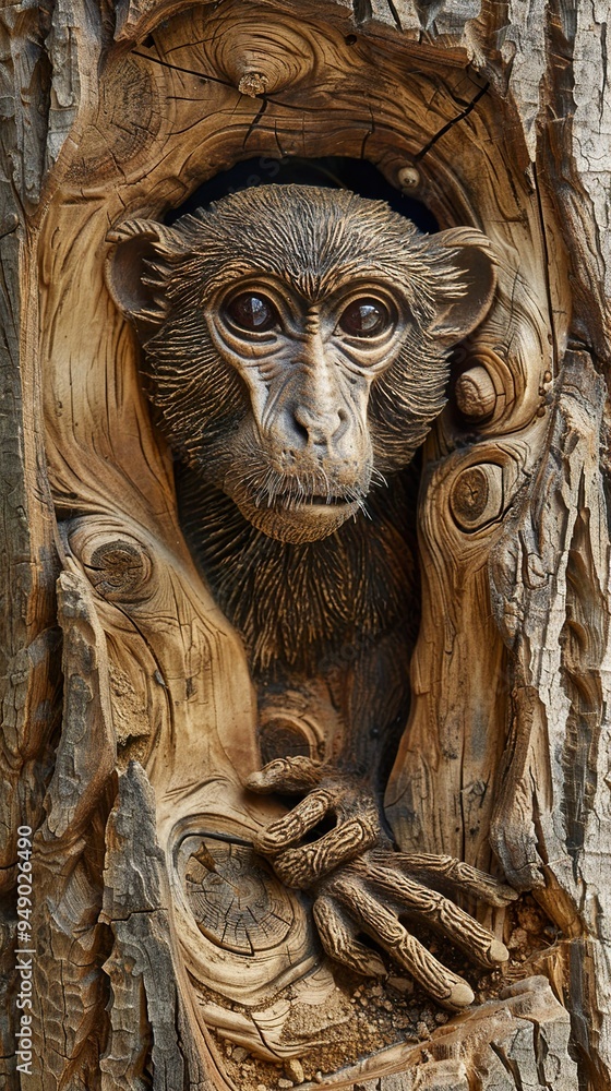 Detailed Wood Carving of a Monkey Emerging from a Tree Trunk Detailed Wood Carving of a Monkey Emerging from a Tree Trunk