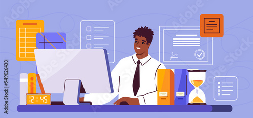 Lawyer with computer. Man with computer work at legal cases. Jurisprudence and legal support of business. Employee at workplace. Attorney or Prosecutor. Flat vector illustration