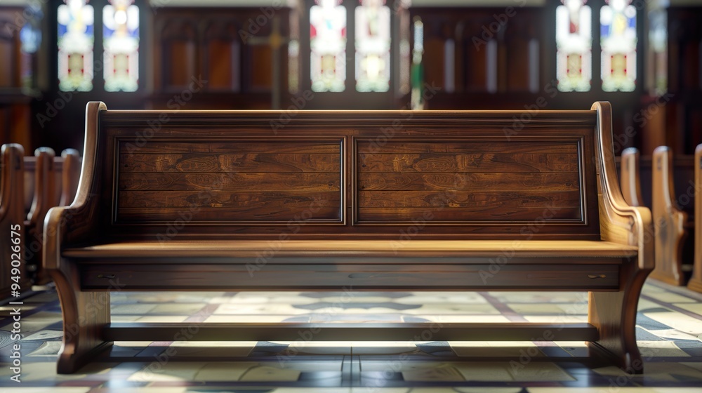 Fototapeta premium Wooden Church Pew with Stained Glass Windows