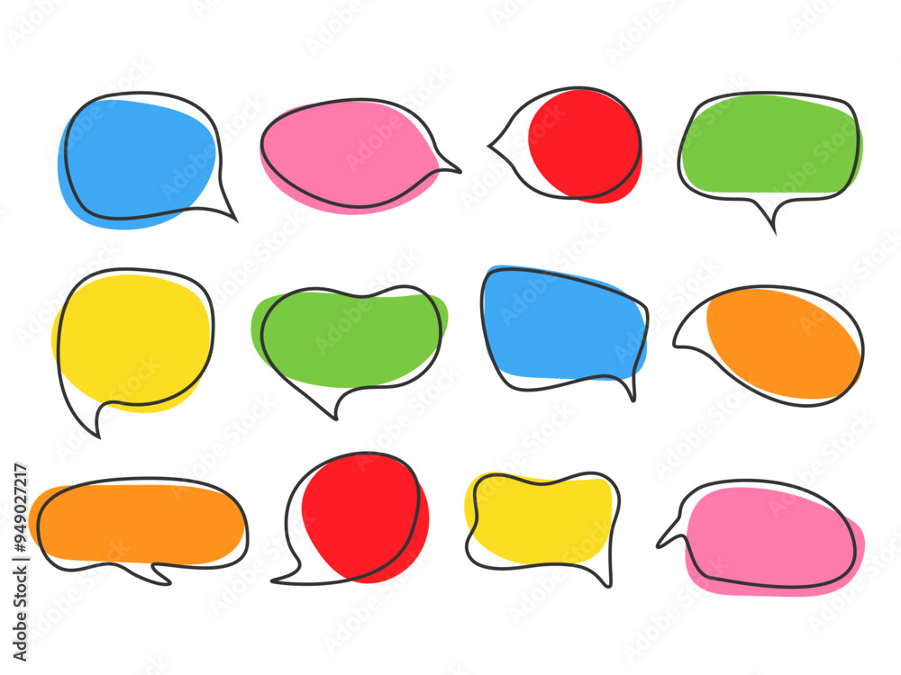 Doodle Speech bubble set. Outline Message clouds Collection. Childish Dialogue icon. Quote Frame background. Fun colorful hand drawn conversation Balloon. Vector illustration Doodle Speech bubble set. Outline Message clouds Collection. Childish Dialogue icon. Quote Frame background. Fun colorful hand drawn conversation Balloon. Vector illustration
