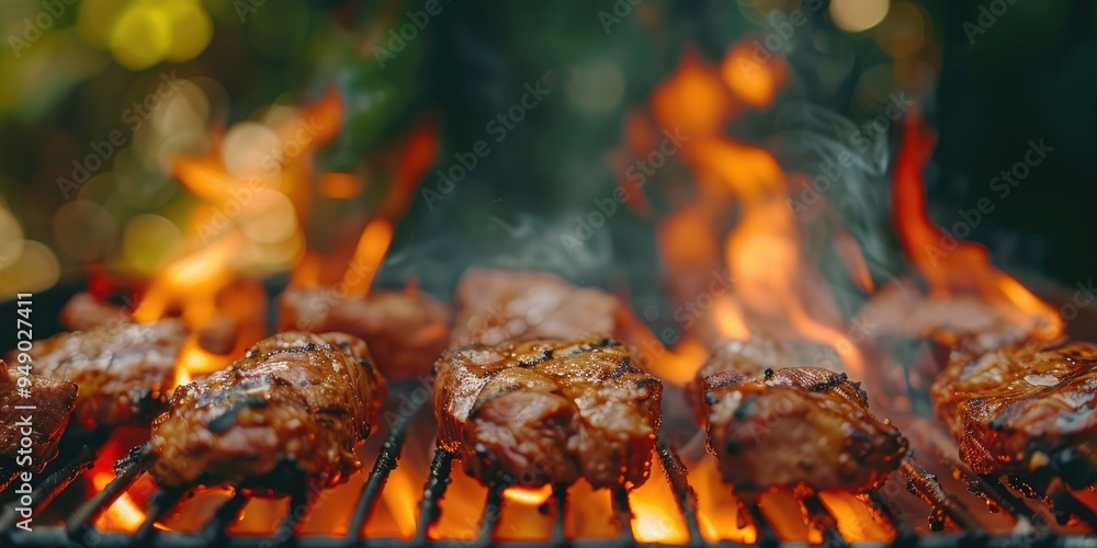 Close up of meat grilling on a barbecue with flames below Close up of meat grilling on a barbecue with flames below