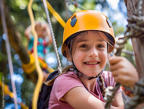 Four families enjoying outdoor activities at adventure park, with children playing and having fun.