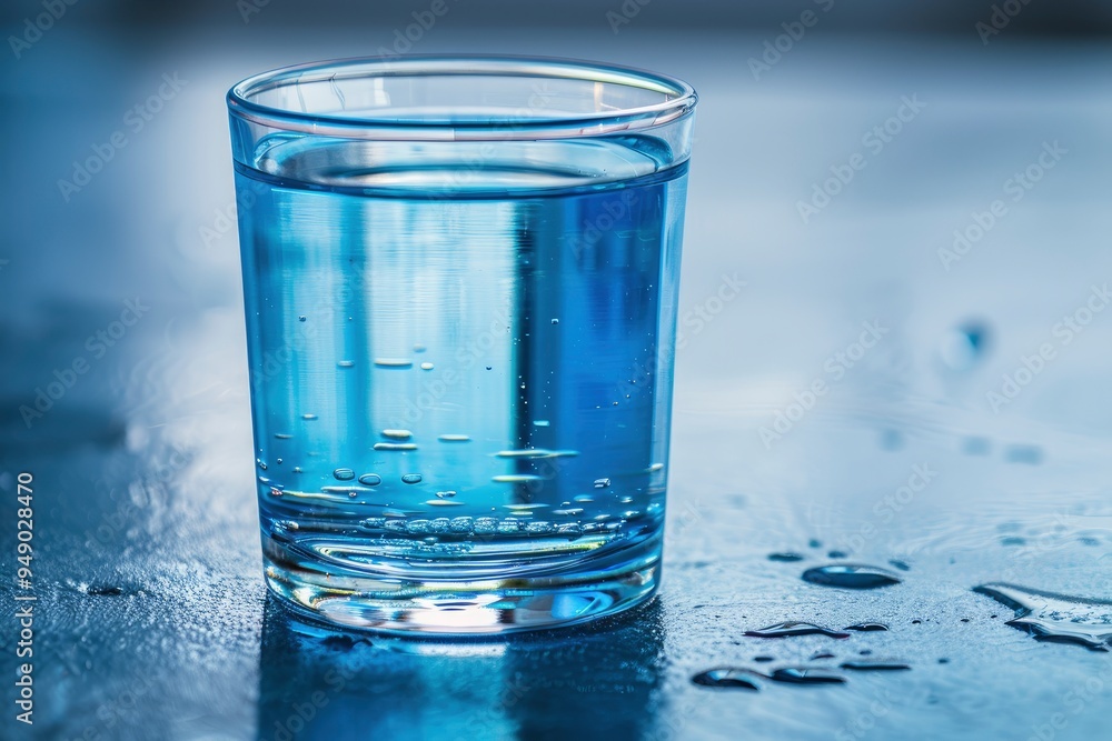 Glass of Water with Droplets on Blue Surface Glass of Water with Droplets on Blue Surface
