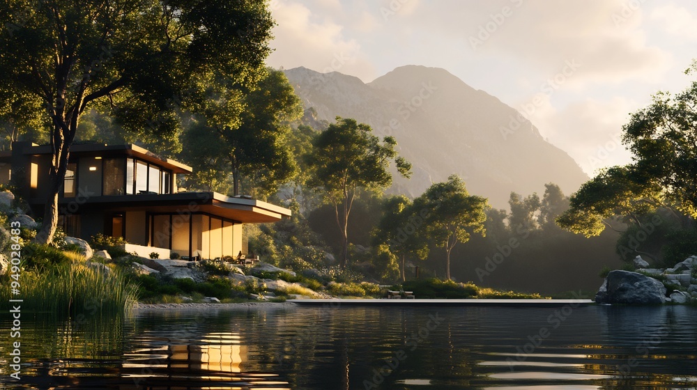 Fototapeta premium Modern House on a Hillside with a Lake View