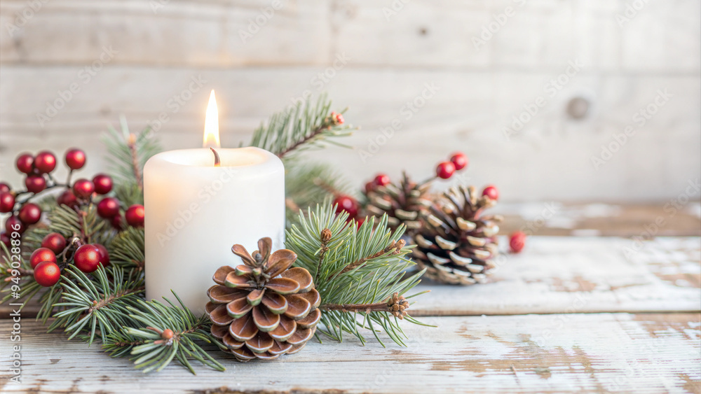 Single white candle surrounded by pine cones and red berries on a wooden table for Christmas decor Single white candle surrounded by pine cones and red berries on a wooden table for Christmas decor