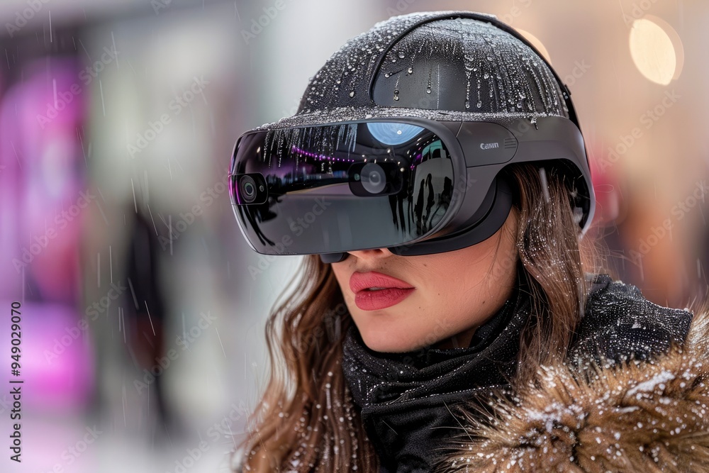 Woman Wearing VR Headset in Snowy City Woman Wearing VR Headset in Snowy City