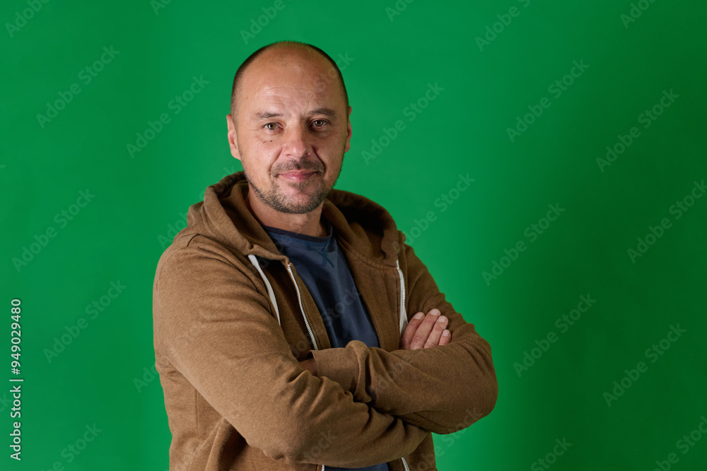 Middle aged bald man in casual attire with crossed arms poses confidently against a green studio backdrop. Middle aged bald man in casual attire with crossed arms poses confidently against a green studio backdrop.