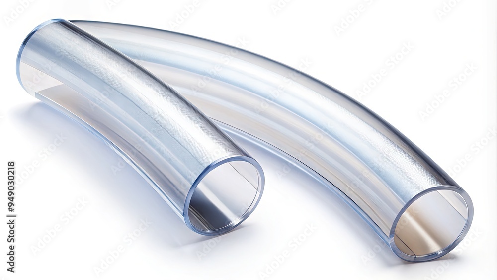 A transparent PVC tube is cut and bent into a curved shape, with one end flared and the other end capped, lying on a white background. A transparent PVC tube is cut and bent into a curved shape, with one end flared and the other end capped, lying on a white background.