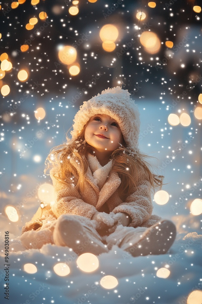 Enchanting Winter Wonderland: Joyful Child in Snow with Magical Bokeh Lights Enchanting Winter Wonderland: Joyful Child in Snow with Magical Bokeh Lights