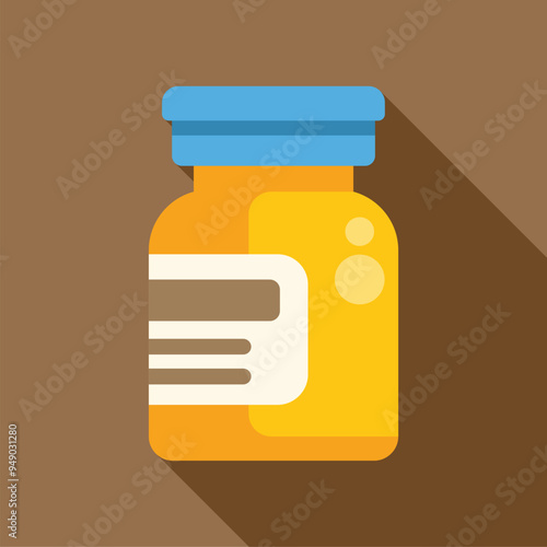Yellow medicine bottle with blue cap on a brown background casting a long shadow to the right
