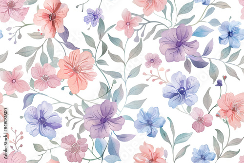 Watercolor pattern with delicate flowers and leaves in pastel shades on a light background.