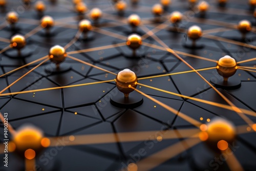 Golden Spheres Connected by Lines on a Black Geometric Background