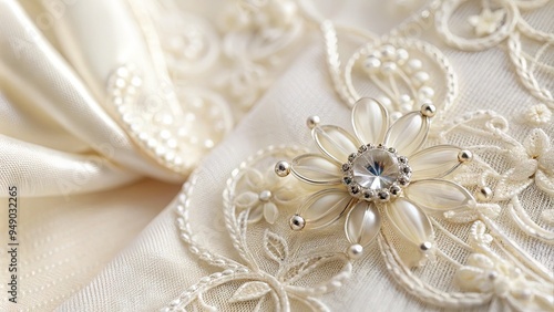 Close-up of a delicate white wedding dress buttonhole adorned with intricate stitching and a small, sparkling crystal, set against a soft, creamy background.