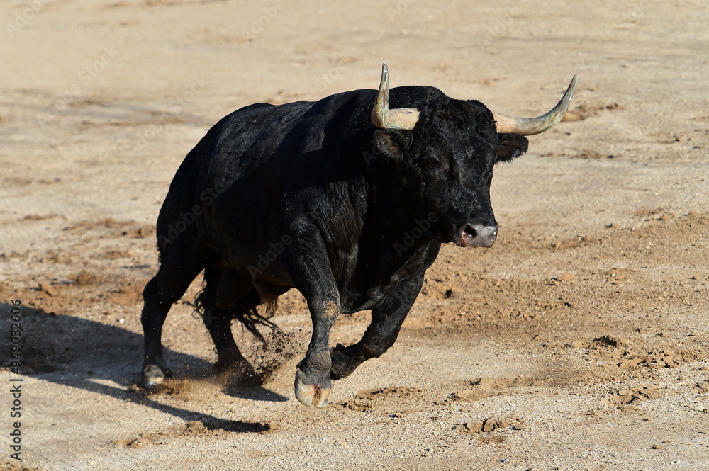 black bull with big horns in the spanuish bullring black bull with big horns in the spanuish bullring