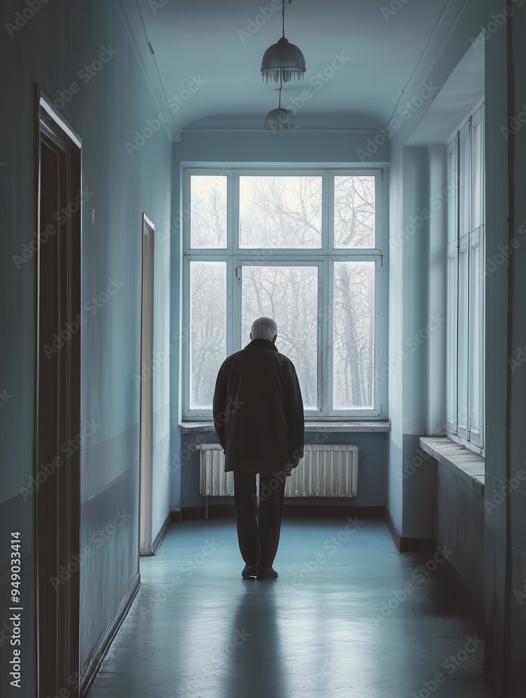 An elderly man walks slowly down a deserted hallway, surrounded by empty rooms and a sense of loneliness, on a gloomy morning. Generative AI An elderly man walks slowly down a deserted hallway, surrounded by empty rooms and a sense of loneliness, on a gloomy morning. Generative AI