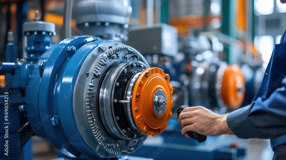 Close-up of an engineer using a tool to work on the assembly of a large industrial machine in a factory setting. Close-up of an engineer using a tool to work on the assembly of a large industrial machine in a factory setting.