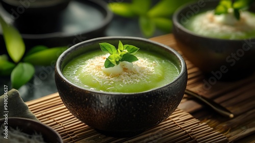 Green Soup with Coconut Flakes and Basil Garnish