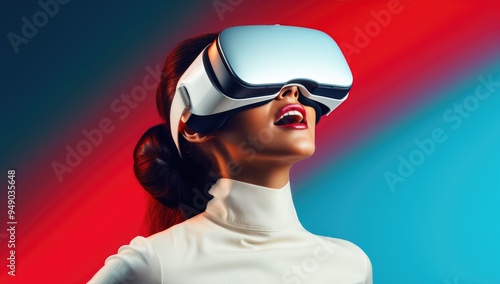 Portrait of young woman playing in VR-glasses in neon light on blue background. Concept modern gadgets and technologies. Future technology concept. Virtual reality gaming.