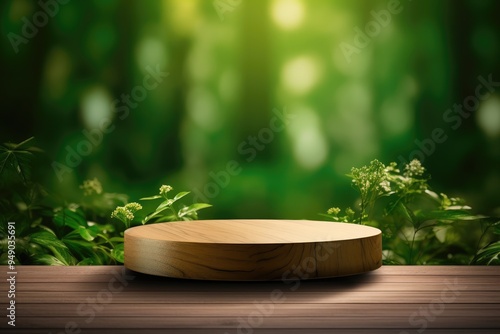 empty wooden tabletop podium in garden open forest, blurred green plants background with space. organic product presents natural placement pedestal display, spring and summer concept.