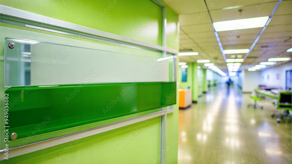 Vibrant Green Office Nameplate on Partition Wall in Open Workspace with Bright Lighting and Plants in Modern Hospital Vibrant Green Office Nameplate on Partition Wall in Open Workspace with Bright Lighting and Plants in Modern Hospital